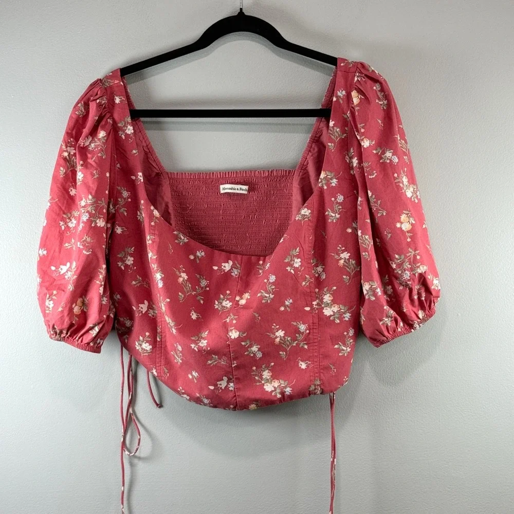 Abercrombie & Fitch Floral Puff Sleeve Lace Up Smocked Top XL boho cottage crop